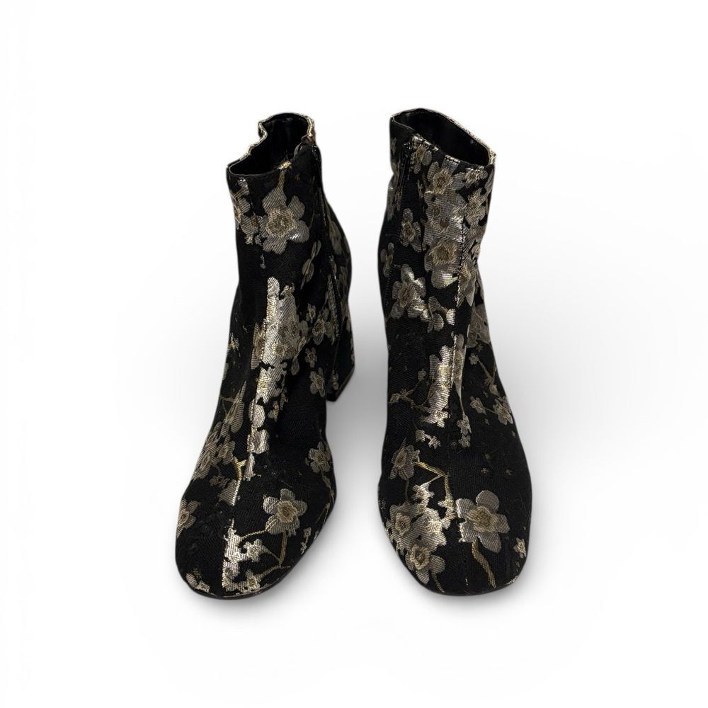 NEW Black Ankle Boot Floral Brocade Fabric Block Heel Side Zip